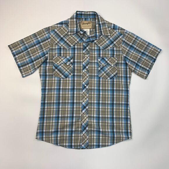 Wrangler Shirt Mens M Stone Blue Plaid Western Yoke Pearl Snap Button Pockets - Picture 2 of 10
